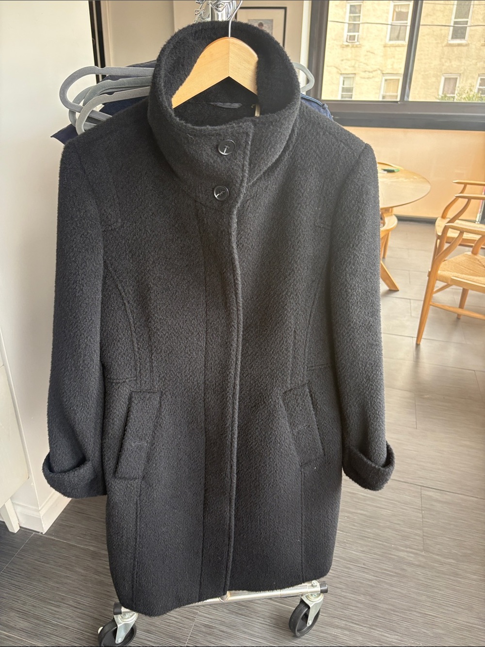 Cole Haan Black Wool-Blend Stand Collar Dress Coat
